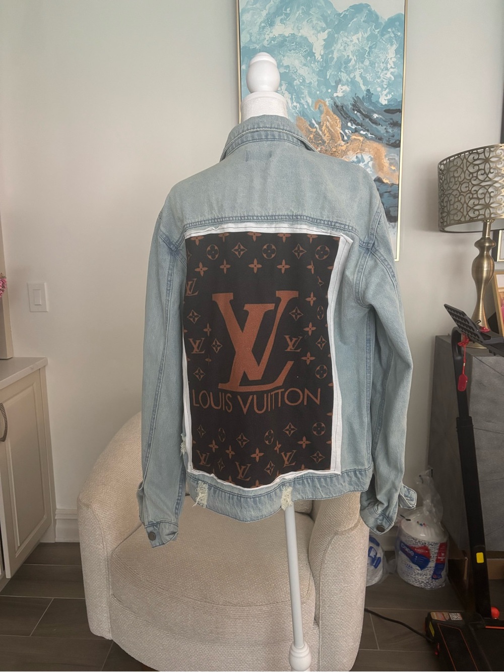 Louis Vuitton Light Blue Denim Jacket with Brown Monogram Back Panel Patch